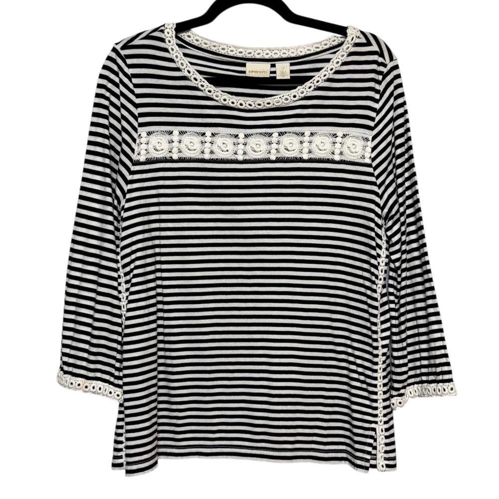 Chicos Size 2 Parisian Chic Striped Lace Top Womens Large French Girl Nautical